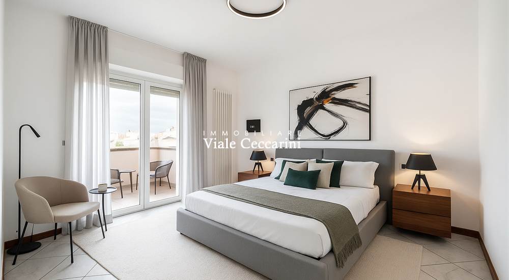 Camera matrimoniale con ipotesi di arredi